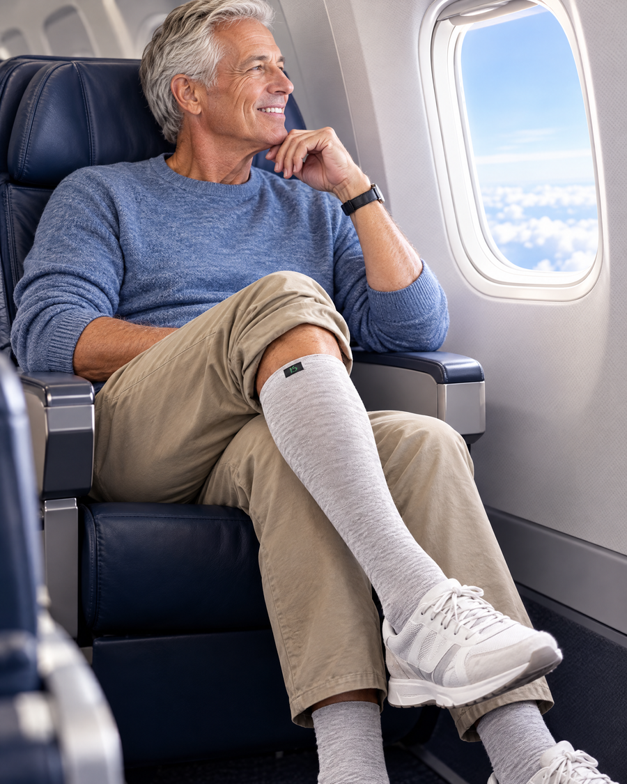 Man wearing lightweight compression socks on a long flight
