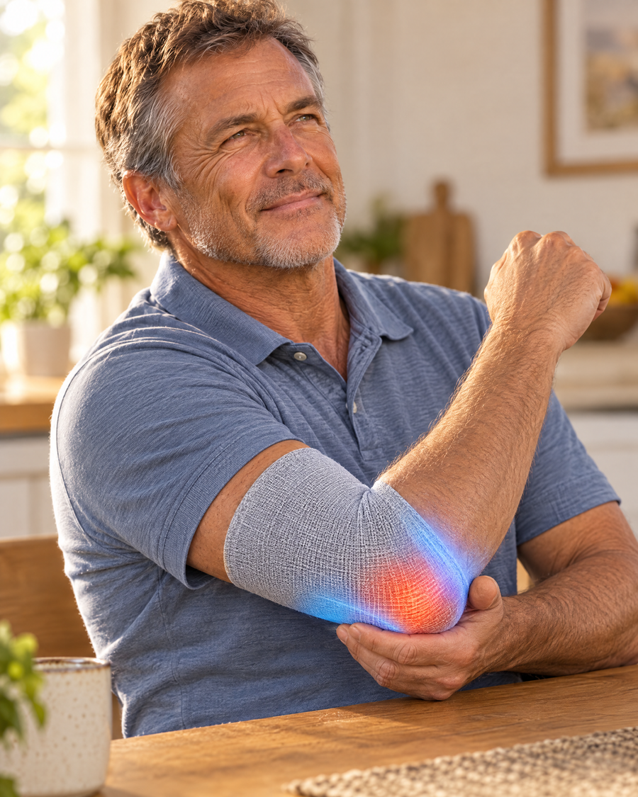 Man at a kitchen table as elbow pain eases in a bamboo elbow sleeve