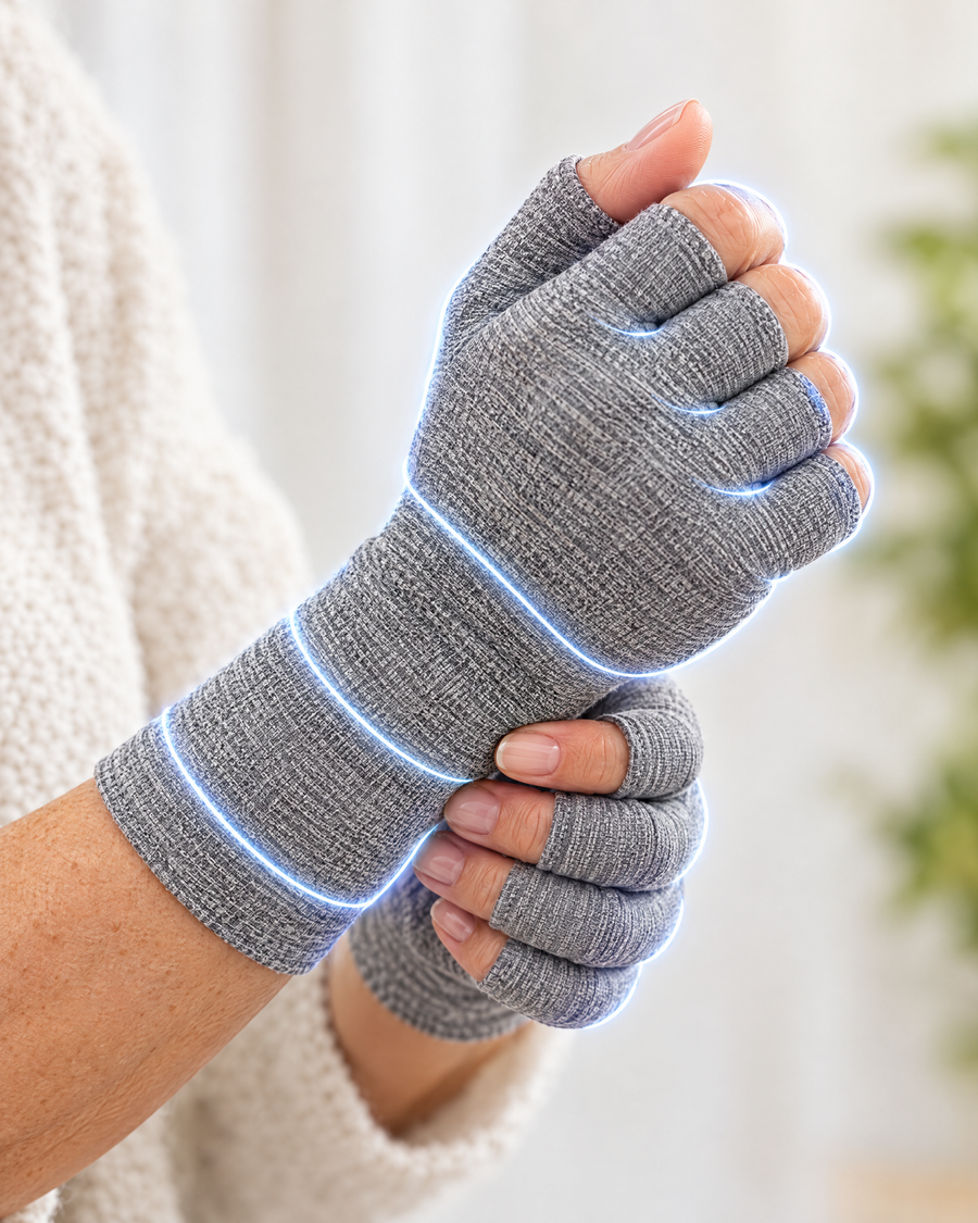 Hand flexing comfortably in an open-finger bamboo compression glove