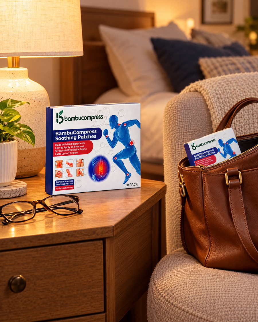 Soothing patches box on a bedside table and in a handbag