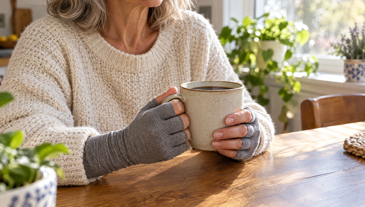 Woman wearing grey compression gloves for arthritis in her hands while holding a coffee mug