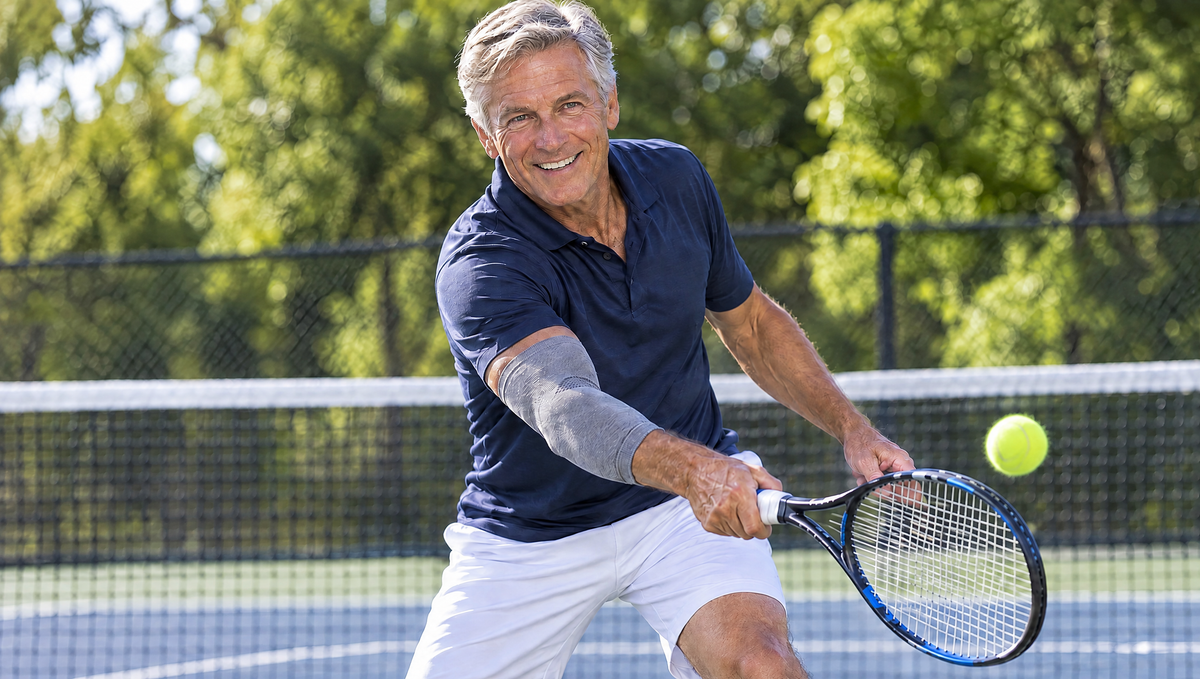Man playing tennis wearing a grey elbow compression sleeve for tennis elbow