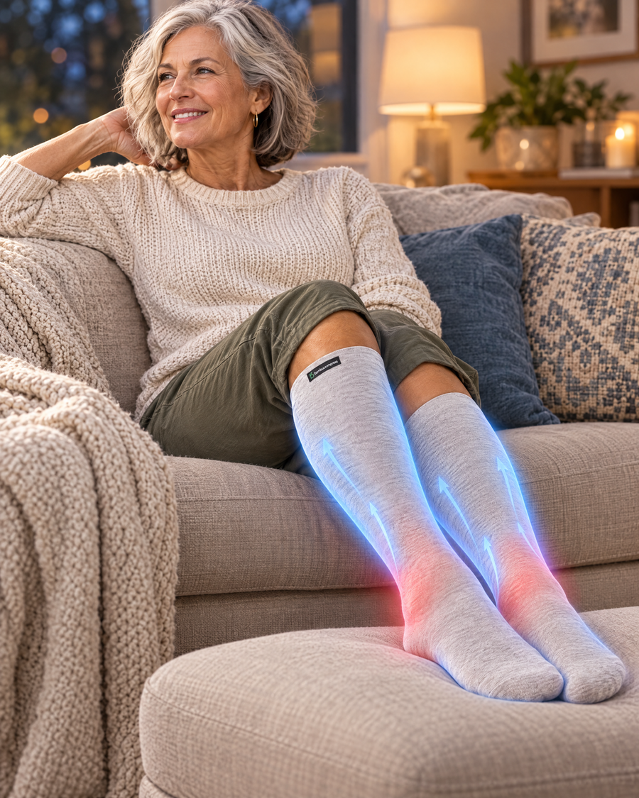 Woman with legs up as swelling eases in lightweight bamboo compression socks