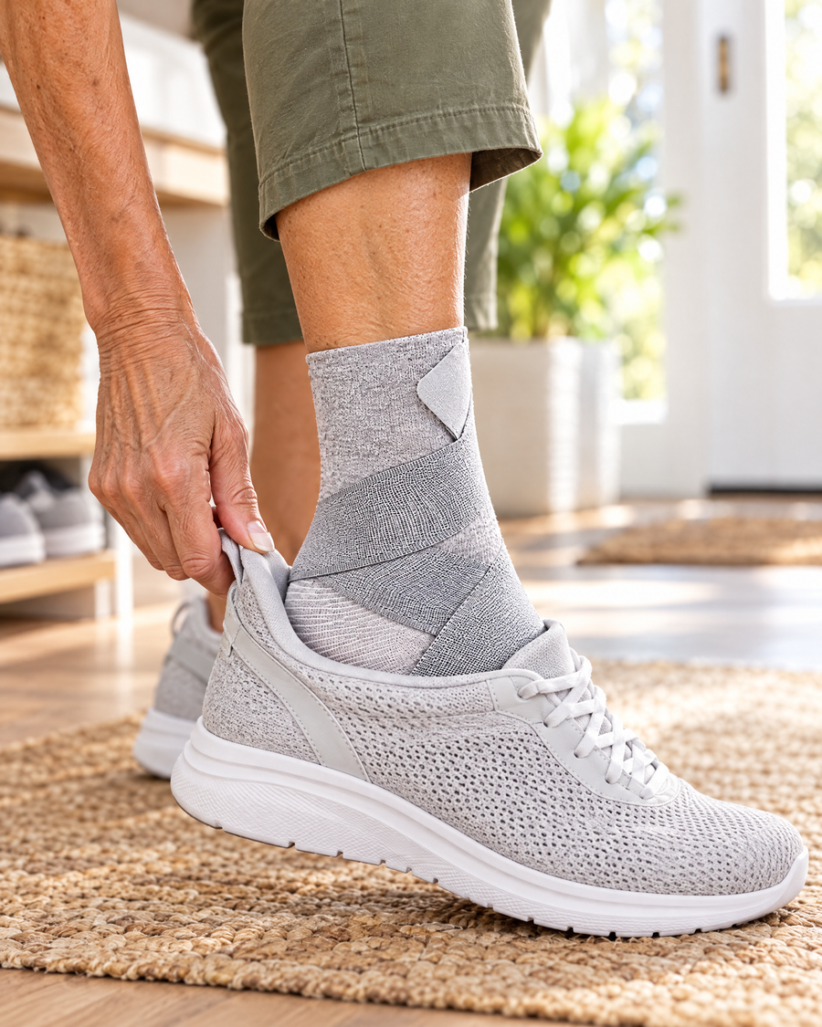 Slim bamboo ankle sleeve sliding into an everyday trainer