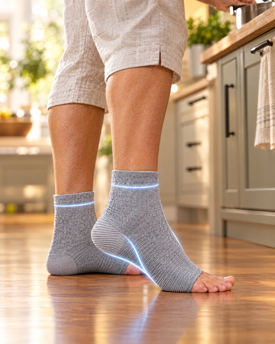Arch and ankle sleeve supporting the arch while standing in the kitchen