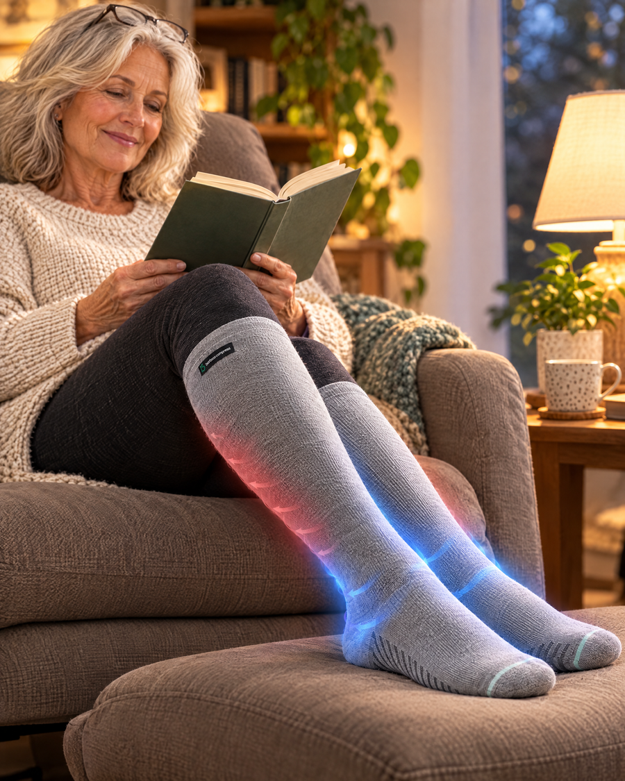Woman with legs up as ankle swelling eases in bamboo compression socks