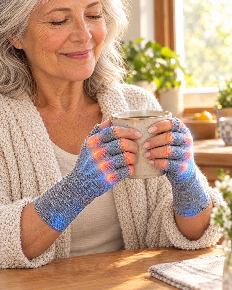 Woman holding a coffee mug as finger stiffness eases in compression gloves