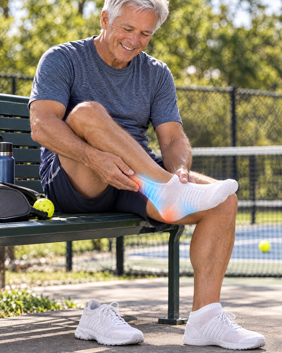 Man easing arch pain in low-cut cushioned compression socks after bowls