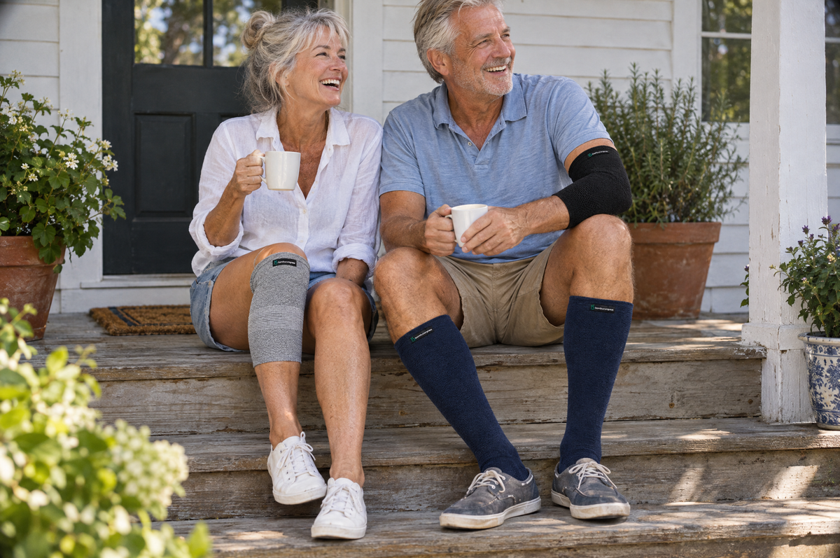 Morning coffee on the porch wearing a bamboo knee sleeve