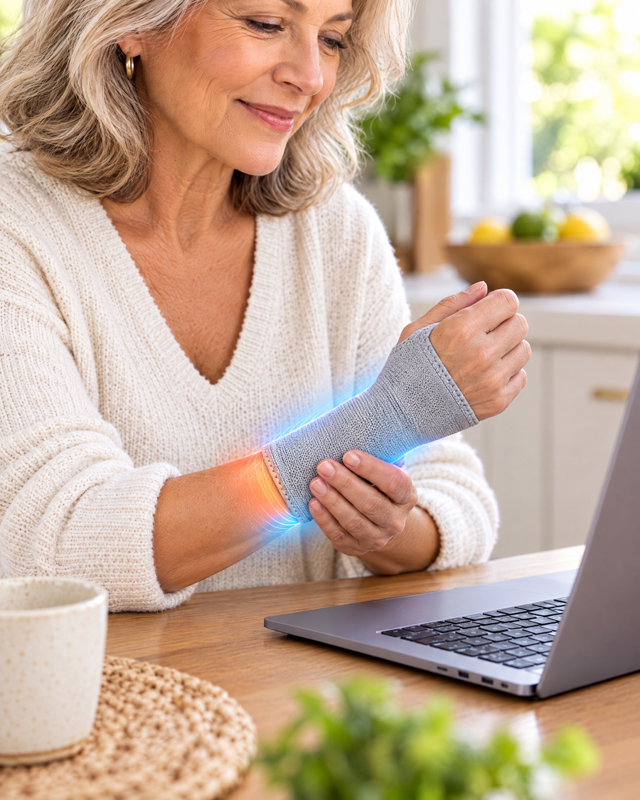 Woman at a laptop as wrist pain eases in a bamboo wrist sleeve