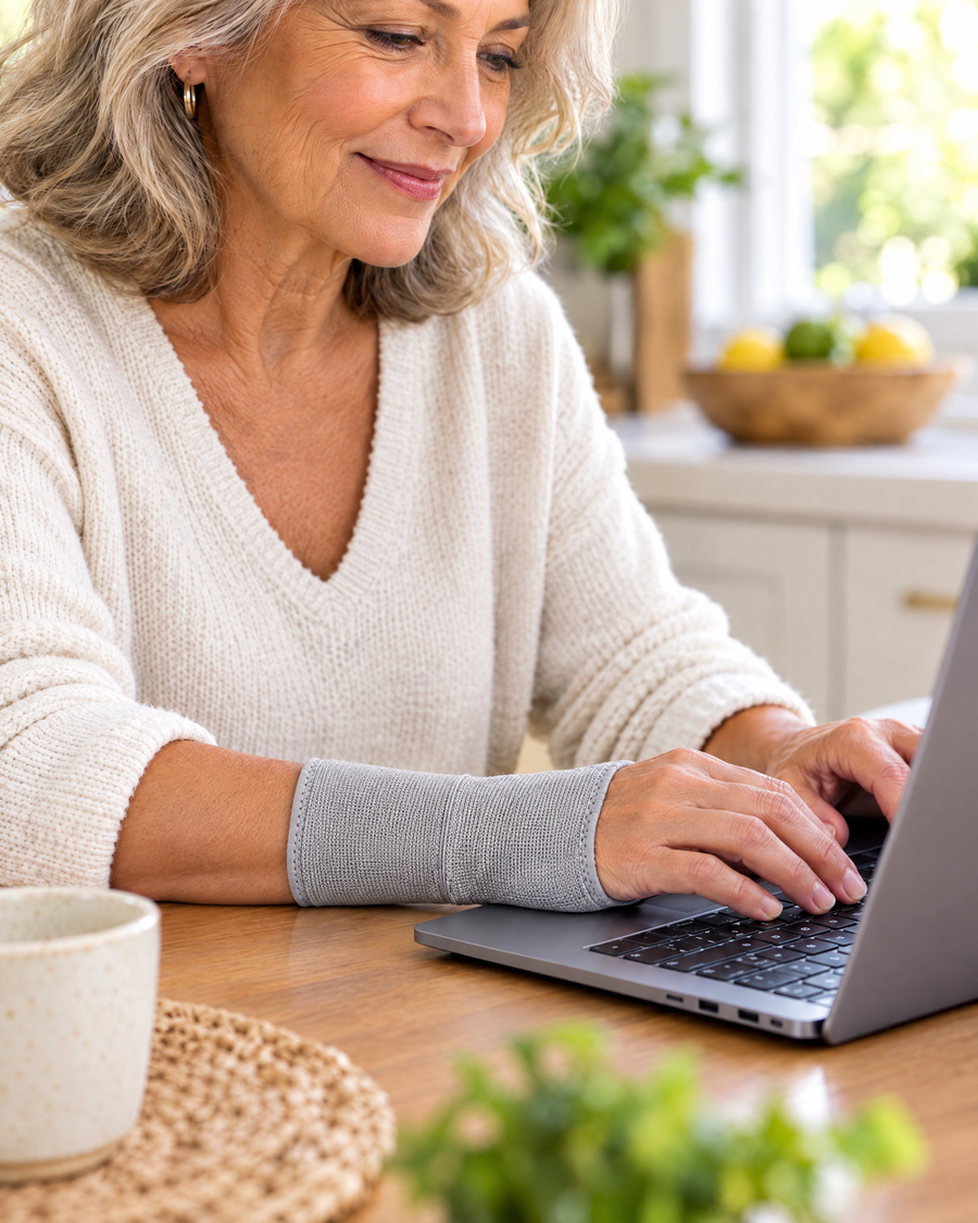 Hands typing comfortably with a slim bamboo wrist sleeve