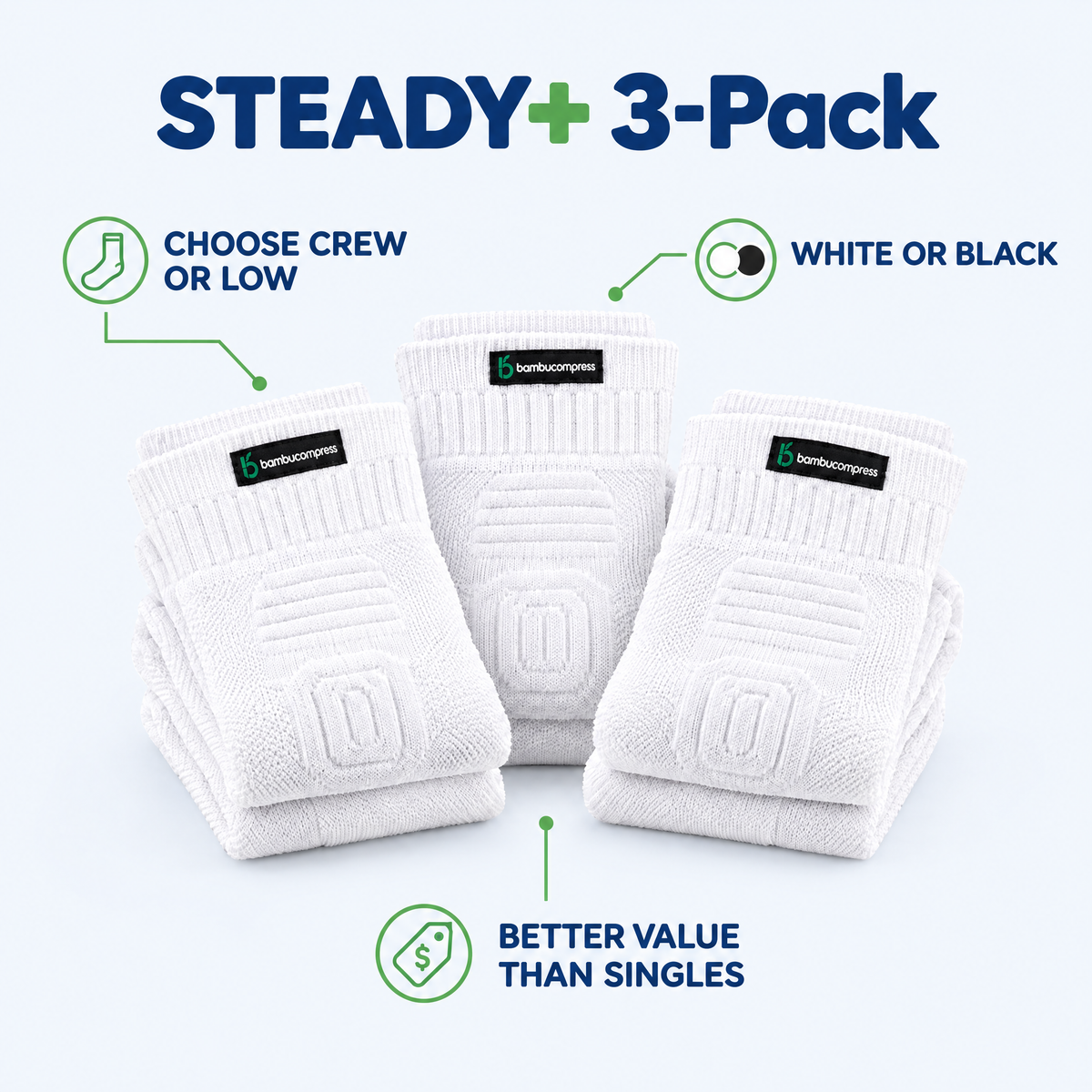 STEADY+ Cushion Compression Socks (3-Pack) key benefits | White