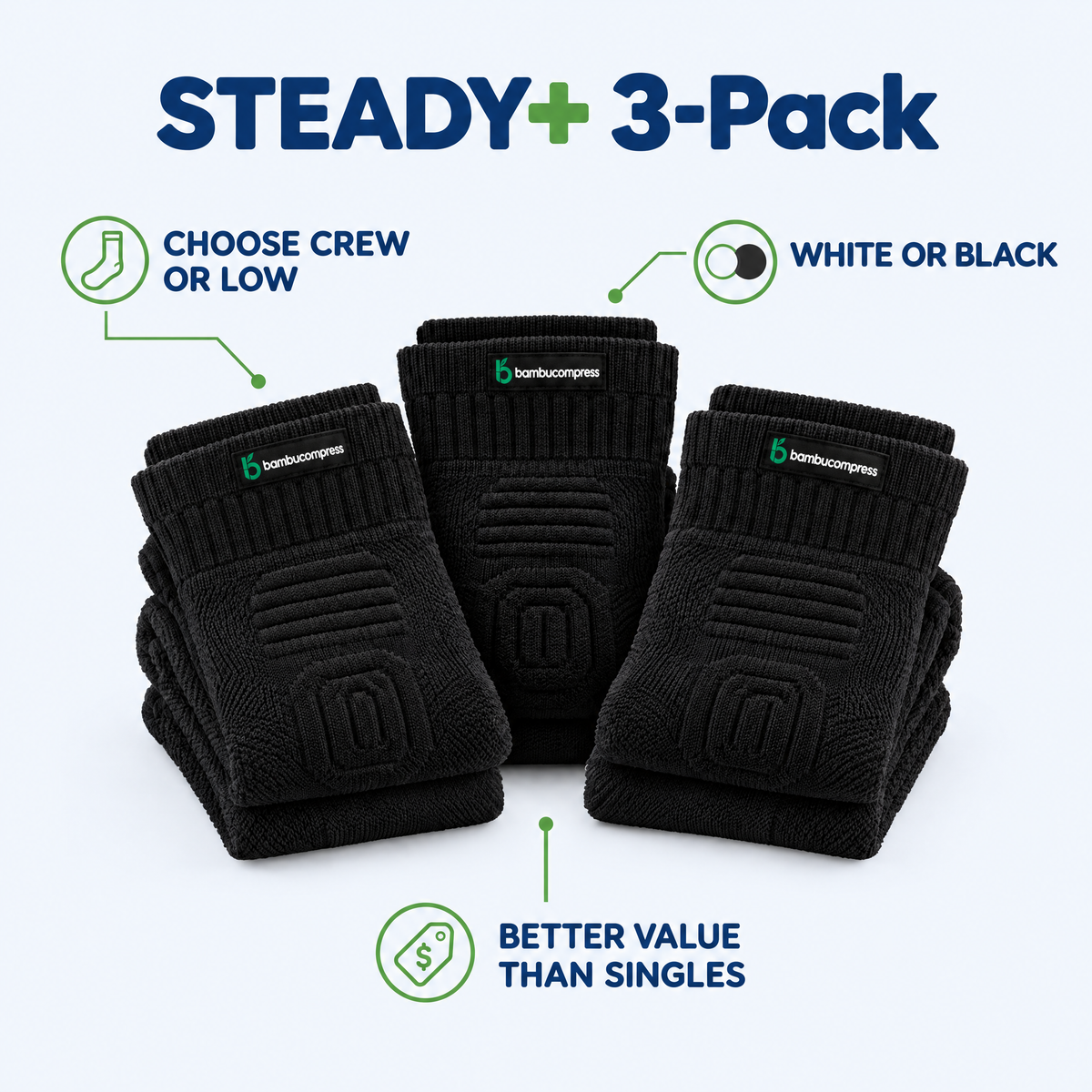 STEADY+ Cushion Compression Socks (3-Pack) key benefits | Black