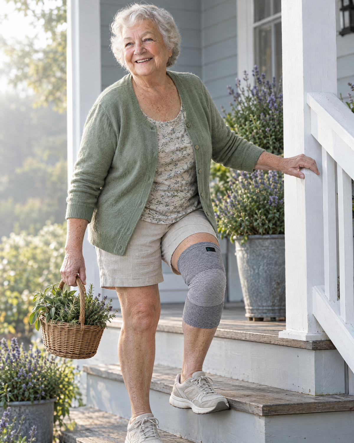 Woman wearing the FLEX+ Bamboo Knee Sleeve while climbing porch steps